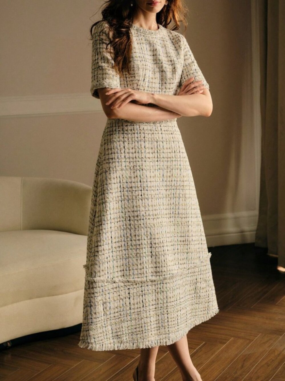 Cream Tweed Embellished Trim Fringe Hem Round Neck Midi Dress